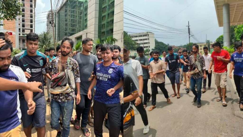 শেকৃবি ছাত্রলীগ নেতাকে জুতার মালা পরিয়ে ঘোরালেন শিক্ষার্থীরা